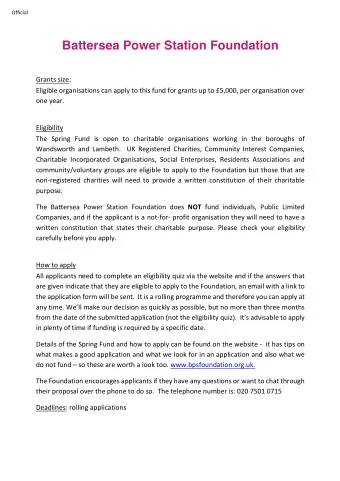 Battersea Power Station Foundation  Grants size:  Eligible organisations can apply to this fund for