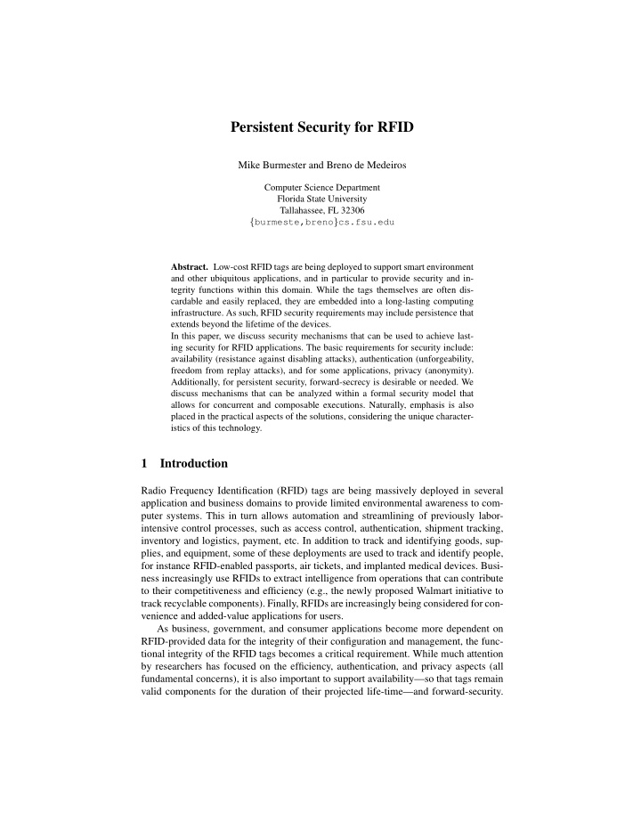 persistent security for rfid