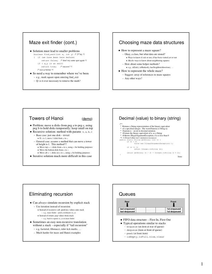 maze exit finder cont choosing maze data structures