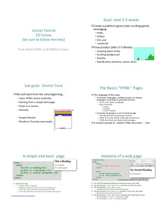 Goal: next 2-3 weeks  Create a pla@orm game (side scrolling game)  leveraging  Canvas Tutorial