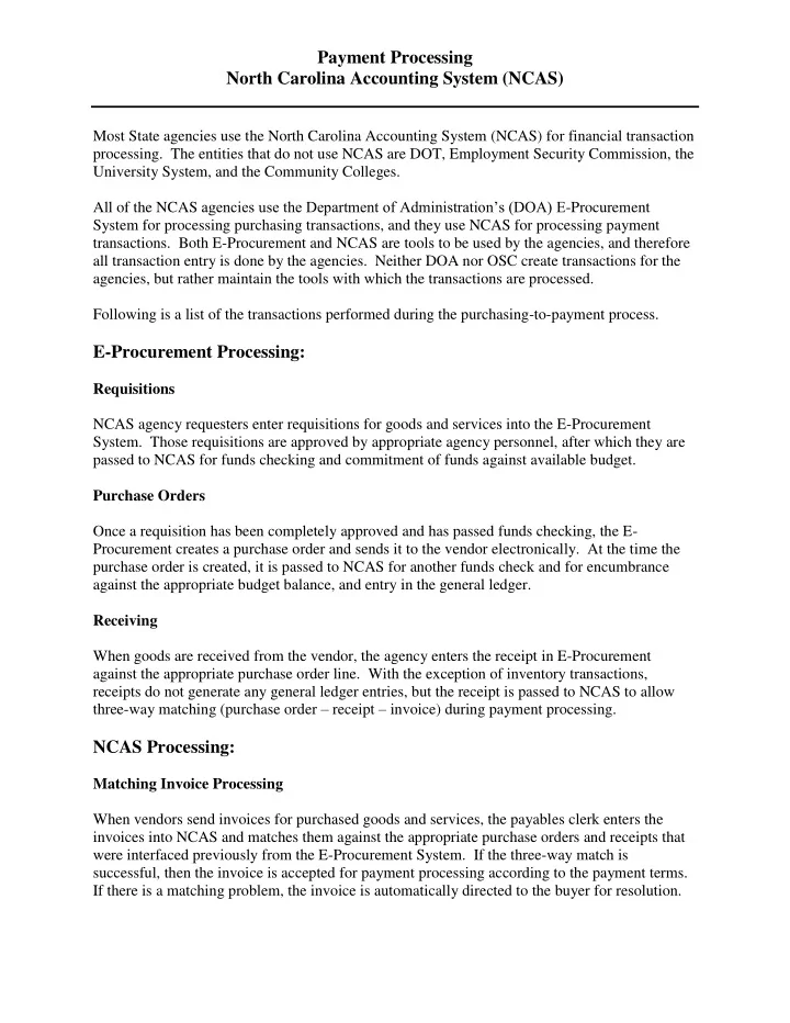 payment processing north carolina accounting system ncas
