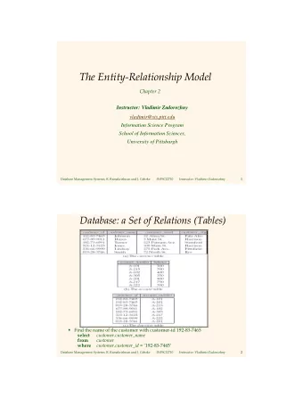 The Entity-Relationship Model  Chapter 2  Instructor: Vladimir Zadorozhny  vladimir@sis.pitt.edu