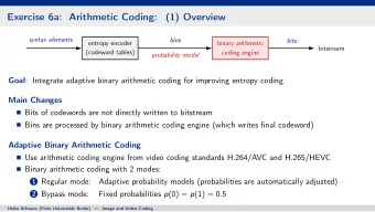 Exercise 6a: Arithmetic Coding:  (1) Overview  syntax elements  bins  bits  entropy encoder  binary