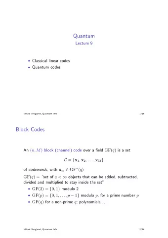 Quantum  Lecture 9  Classical linear codes  Quantum codes  Mikael Skoglund, Quantum Info