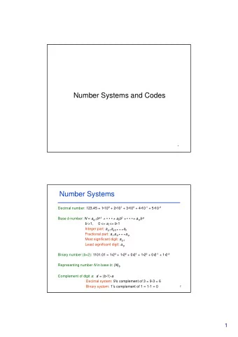 Number Systems and Codes  1  Number Systems Decimal number: 123.45 = 1 10 2 + 2 10 1 + 3 10 0 + 4