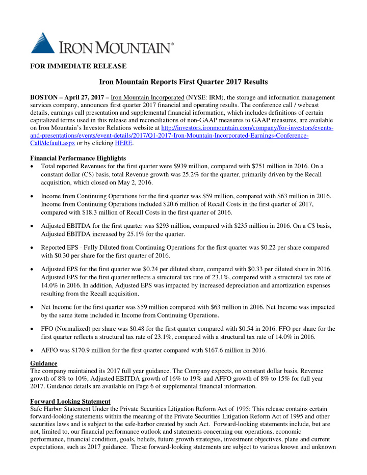 iron mountain reports first quarter 2017 results