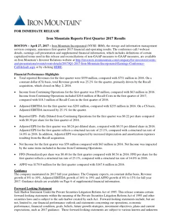 Iron Mountain Reports First Quarter 2017 Results BOSTON  April 27, 2017  Iron Mountain