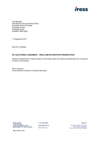 The Manager  ASX Market Announcements Office  Australian Stock Exchange  Exchange Centre  20 Bridge