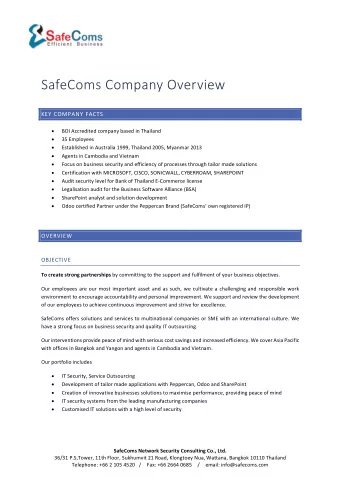 SafeComs Company Overview  KEY COMPANY FACTS   BOI Accredited company based in Thailand   35