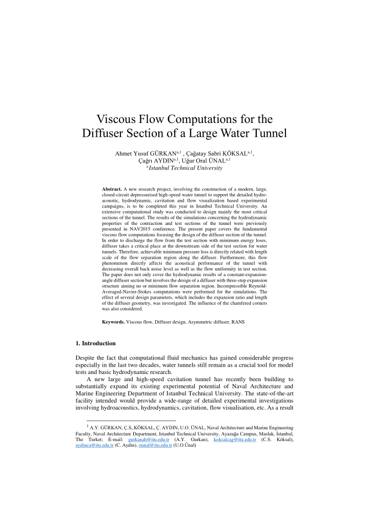 viscous flow computations for the diffuser section of a