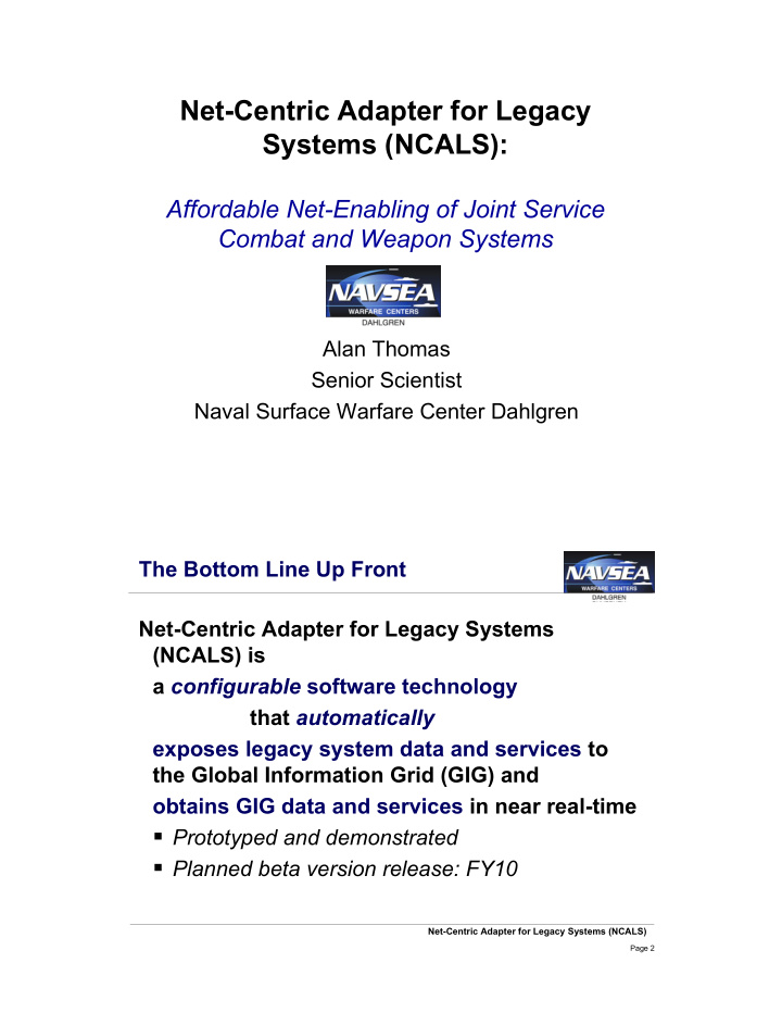 net centric adapter for legacy systems ncals