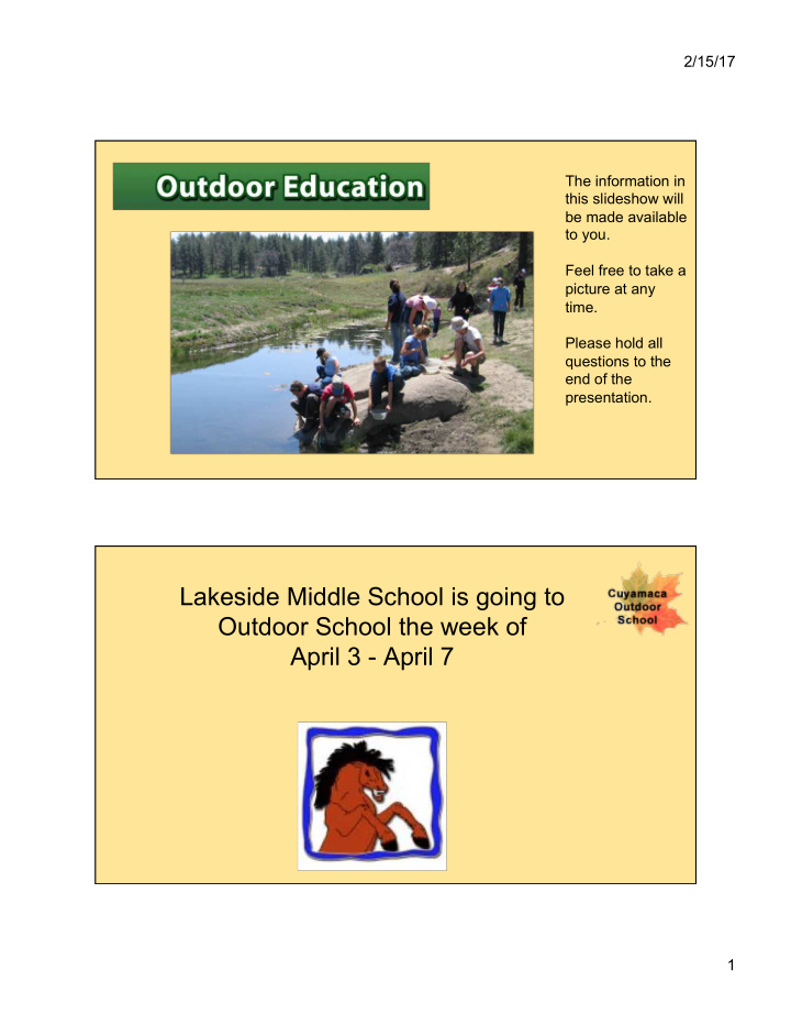 lakeside middle school is going to outdoor school the