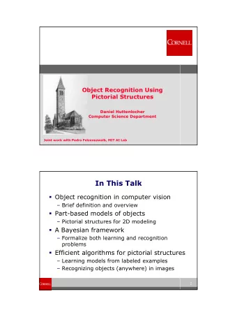 In This Talk  Object recognition in computer vision   Brief definition and overview