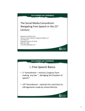 I. Free Speech Basics  1 st Amendment  restricts Congress from making any law abridging