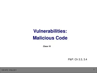 Vulnerabilities:  Malicious Code  Class 10  P&amp;P: Ch 3.3, 3.4  1  CIS-5372:  9.Nov.2011