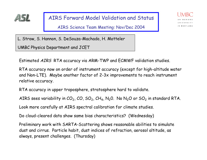 airs forward model validation and status