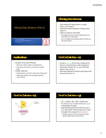 Mining Data Streams (Part 2)  Determine which elements of stream have  keys in S  Obvious