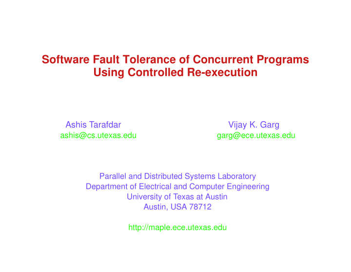software fault tolerance of concurrent programs using