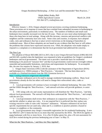 Oregon Residential BeekeepingA New Law and Recommended Best Practices...  Ralph (Mike)