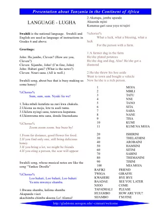 LANGUAGE - LUGHA  Akaenda mjini  Kanunua gari sasa yeye ni tajiri  %chorus% Swahili is the national
