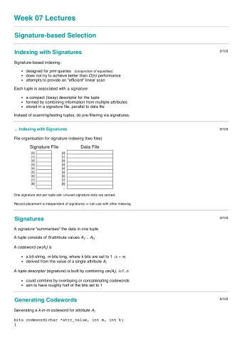 Week 07 Lectures  Signature-based Selection  Indexing with Signatures  2/103  Signature-based