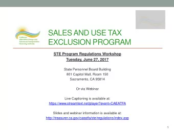 EXCLUSION PROGRAM  STE Program Regulations Workshop  Tuesday, June 27, 2017  State Personnel Board