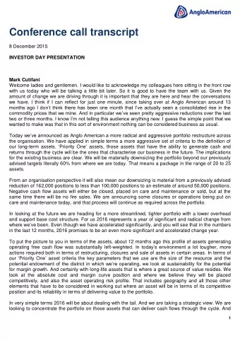Conference call transcript  8 December 2015  INVESTOR DAY PRESENTATION  Mark Cutifani  Welcome