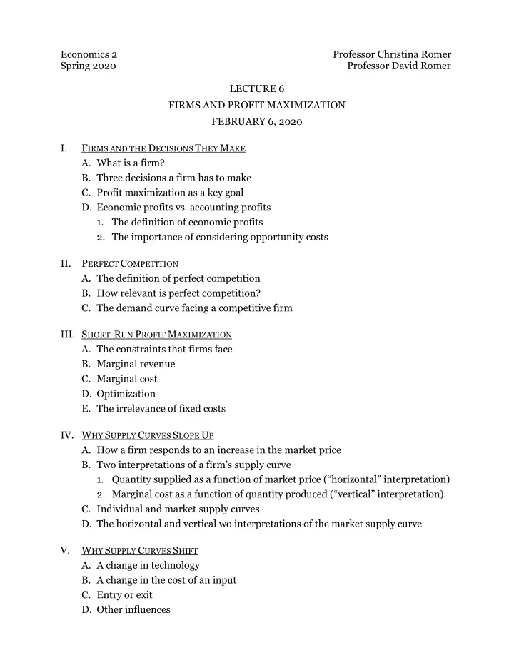 economics 2 professor christina romer spring 2020