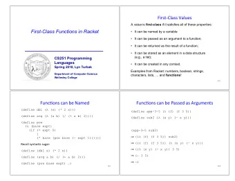 First-Class Values A value is first-class if it satisfies all of these properties:  First-Class