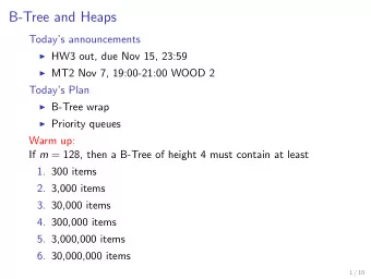 B-Tree and Heaps  Todays announcements  HW3 out, due Nov 15, 23:59  MT2 Nov 7, 19:00-21:00