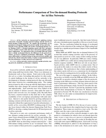 Performance Comparison of Two On-demand Routing Protocols  for Ad Hoc Networks  Elizabeth M. Royer