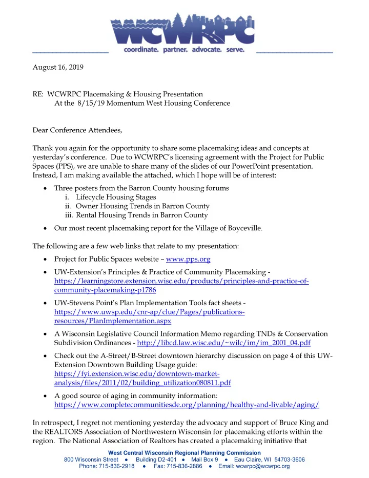 august 16 2019 re wcwrpc placemaking amp housing