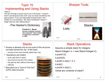 Sharper Tools  Topic 15  Implementing and Using Stacks  &quot;stack n.  The set of things a person