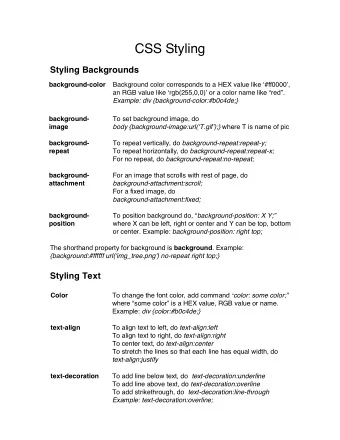 CSS Styling  Styling Backgrounds  background-color Background color corresponds to a HEX value like