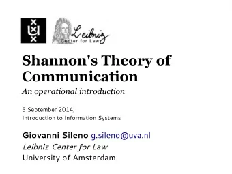Shannon's Theory of  Communication  An operational introduction  5 September 2014,  Introduction to