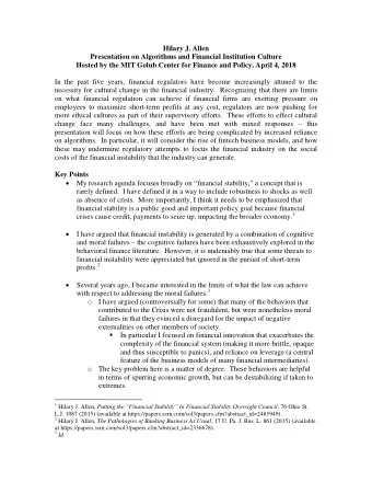 Hilary J. Allen  Presentation on Algorithms and Financial Institution Culture  Hosted by the MIT