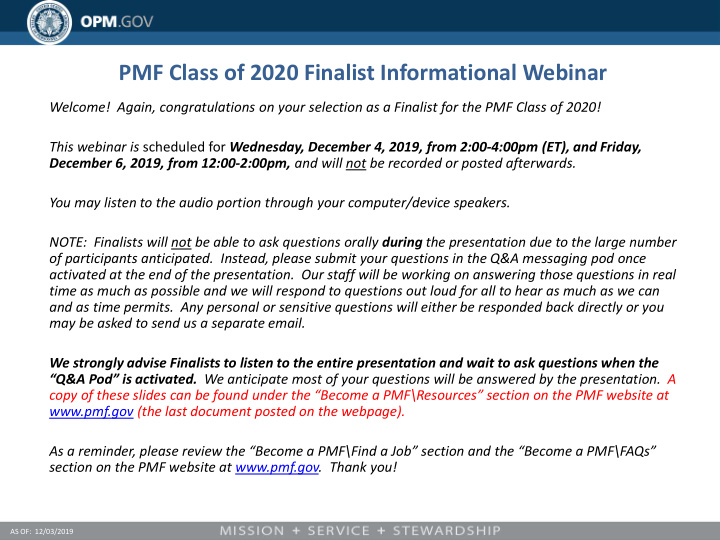 pmf class of 2020 finalist informational webinar