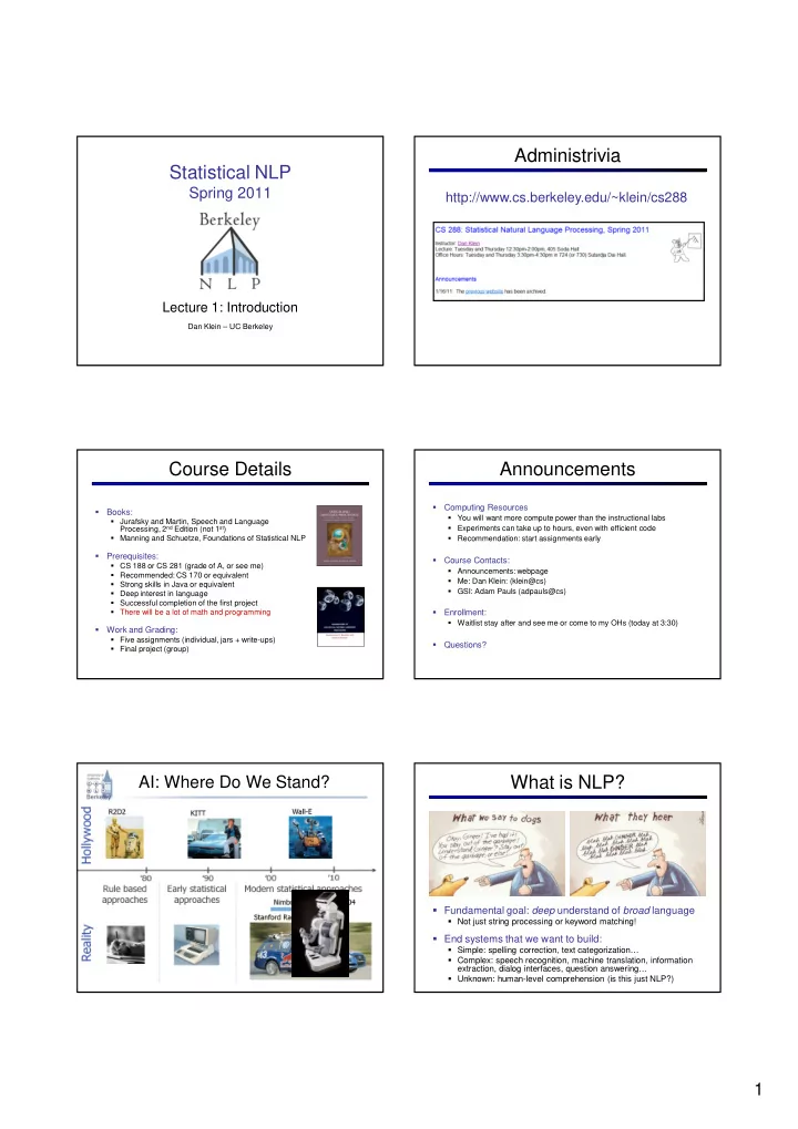 administrivia statistical nlp