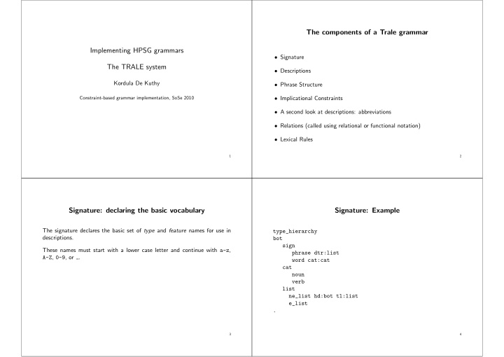 the components of a trale grammar implementing hpsg