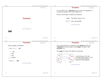 Functions The function f maps A to B f : A  B f ( a ) = b where a A and b B  1 2 3 4 5 6 7 8 9 10