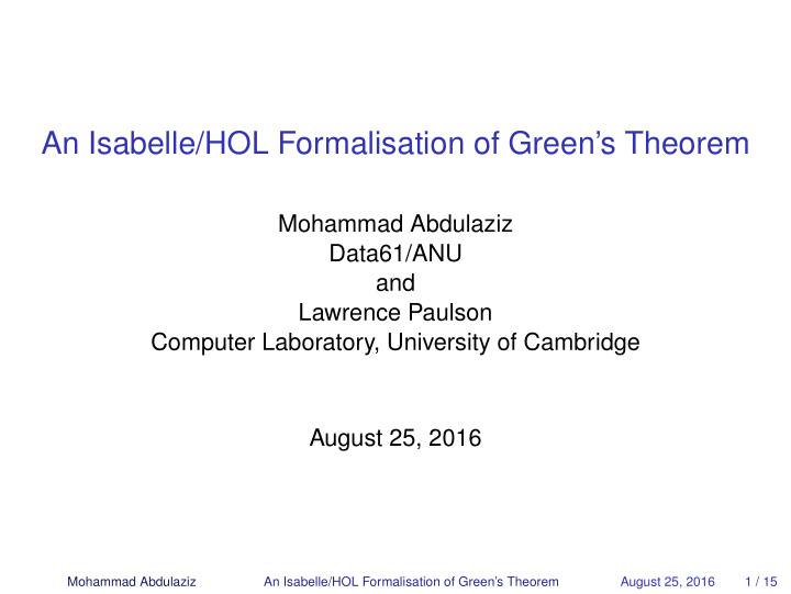 an isabelle hol formalisation of green s theorem