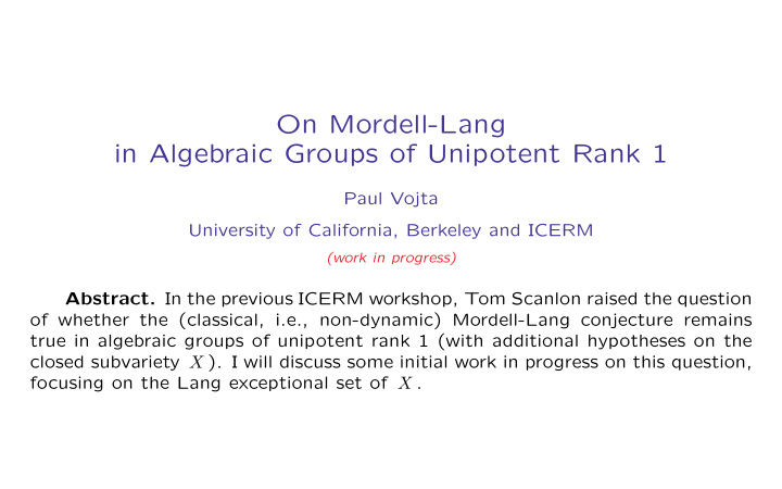 on mordell lang in algebraic groups of unipotent rank 1