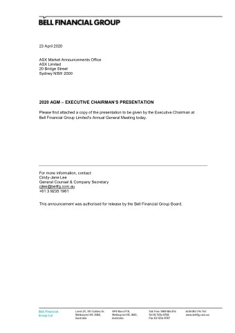 2020 AGM  EXECUTIVE CHAIRMANS PRESENTATION  Please find attached a copy of the presentation