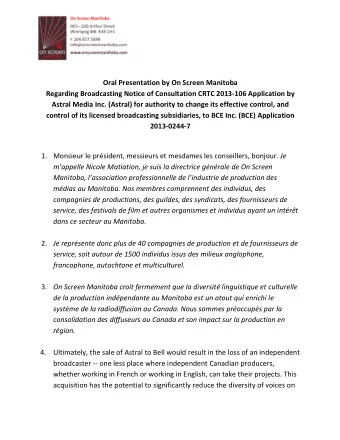 Oral  Presentation  by  On  Screen  Manitoba    Regarding  Broadcasting
