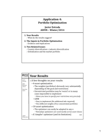 Your Results  A few thoughts on your results  Javier  Estrada  4asset optimization  IESE