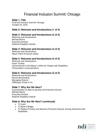 Financial Inclusion Summit: Chicago  Slide 1: Title  Financial Inclusion Summit: Chicago  October