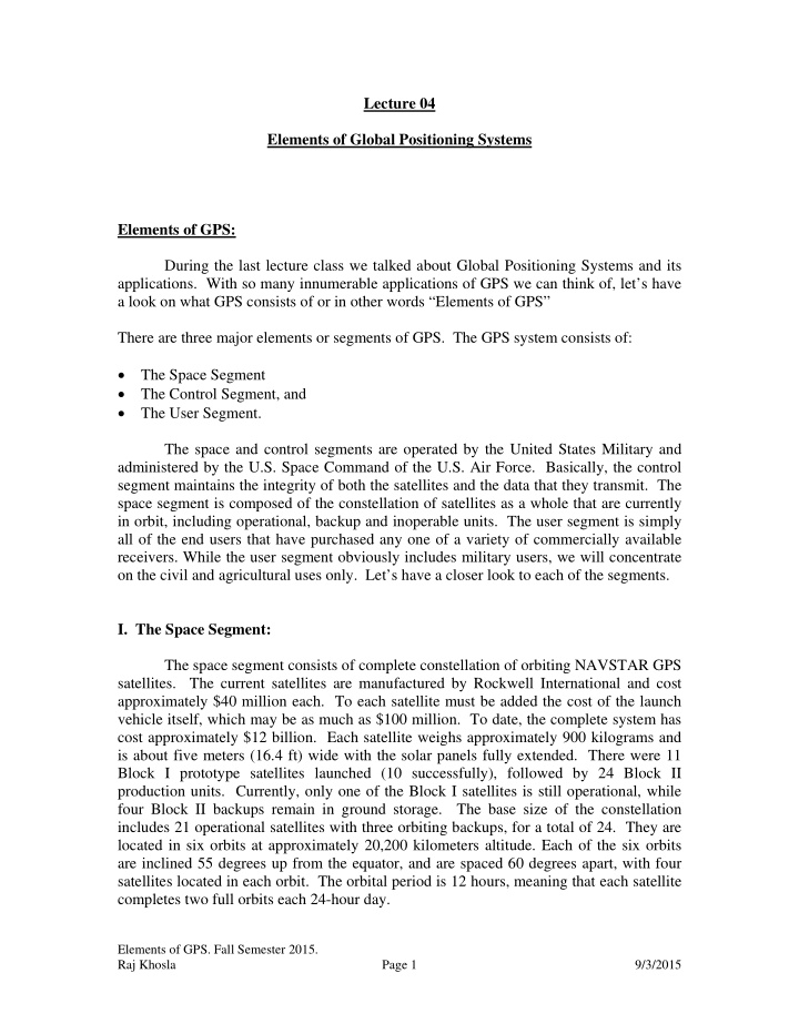 lecture 04 elements of global positioning systems