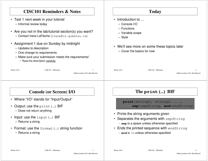 cisc101 reminders notes today