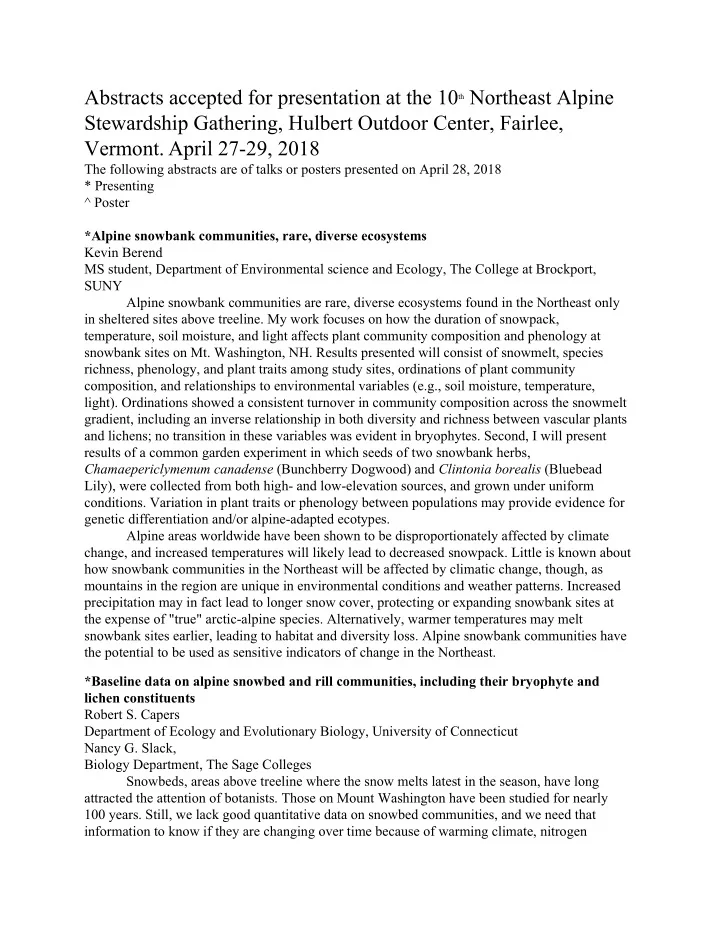 abstracts accepted for presentation at the 10 th
