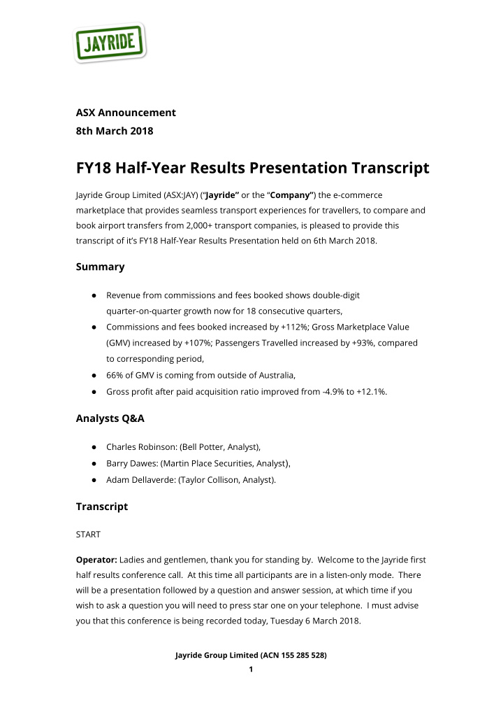 fy18 half year results presentation transcript